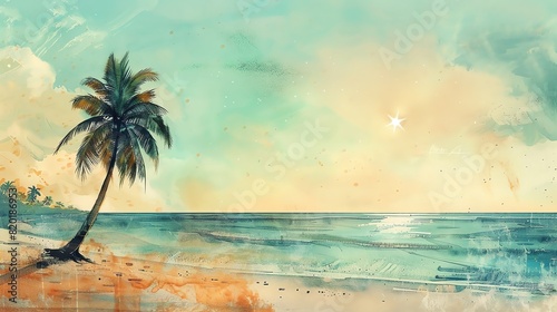 Create a watercolor painting of a beach. The colors should be vibrant and the mood should be peaceful. The painting should be in a 16 9 aspect ratio.