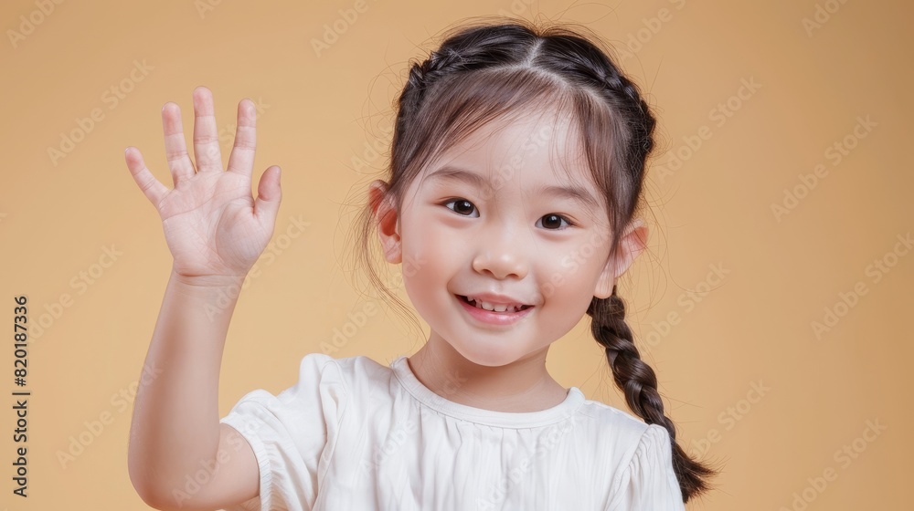 Sweet girl smirking with raised hand - A charming girl with braids smirks confidently while raising her hand on a yellow backdrop