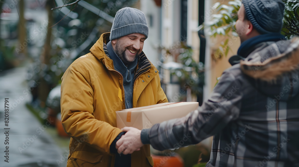 A customer receiving a package from a delivery driver. A customer receiving a package from a delivery driver.