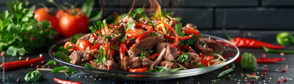 Thai beef salad, spicy and sour with fresh herbs, served on a glass plate, modern Bangkok restaurant setting Thai beef salad, spicy and sour with fresh herbs, served on a glass plate, modern Bangkok restaurant setting