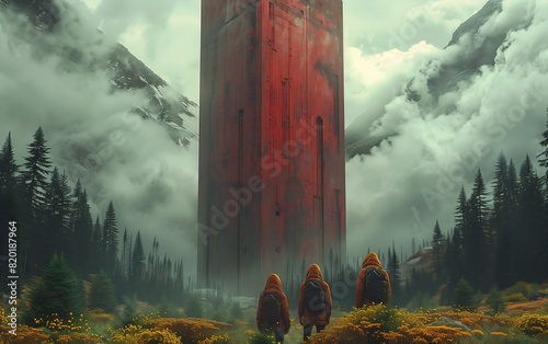 three people walking front tall tower red mech creating thin monolith digital oddly familiar distant forest fabric powerful huge outpost excalibur photo
