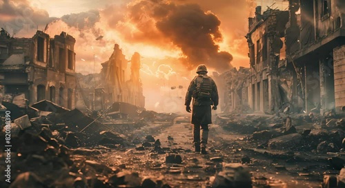 Resilience Amidst Chaos Faceless Soldier Walks in Destroyed City, Symbolizing Determination and Human Spirit
 photo