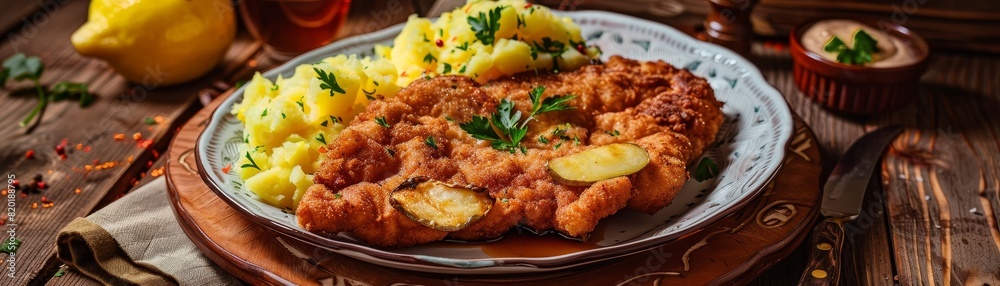 Wiener schnitzel, served with potato salad, traditional Viennese cafe Wiener schnitzel, served with potato salad, traditional Viennese cafe