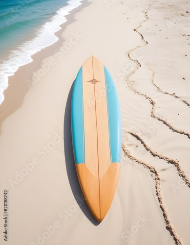  A surfboard on a sandy beach with waves in the background © Badr