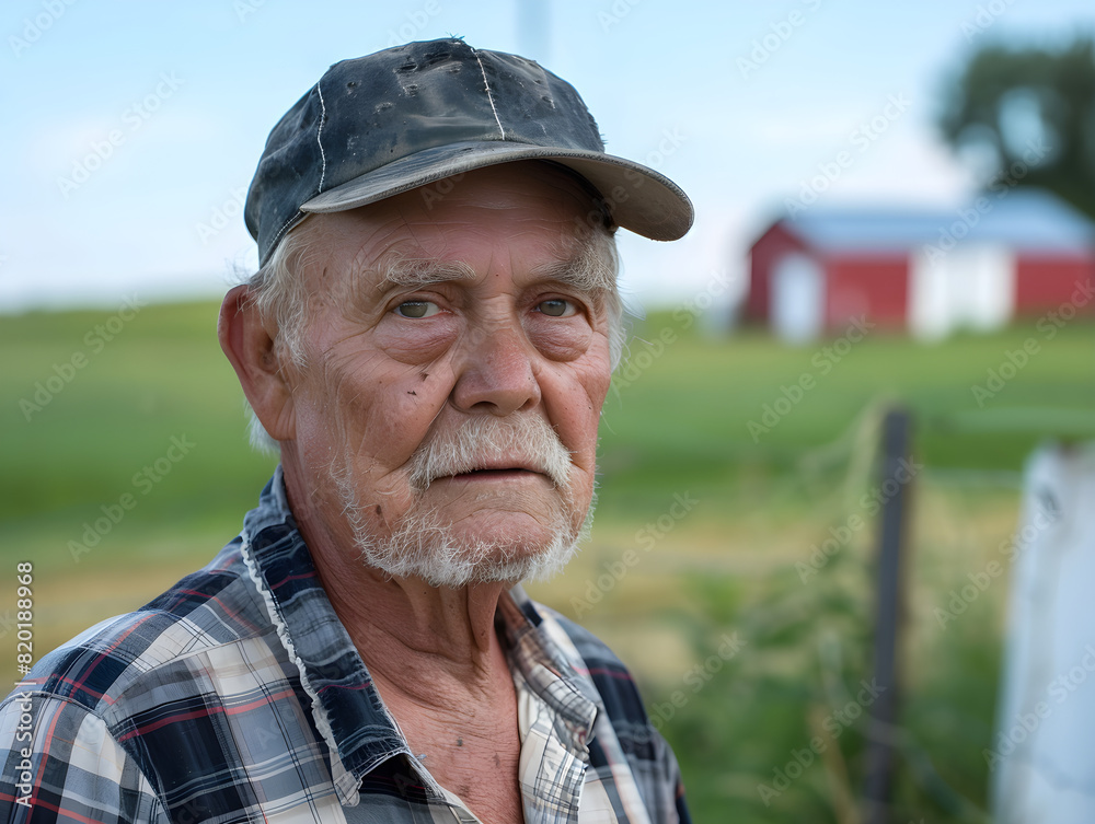 Weathered Elderly Man in Worn Baseball Cap and Plaid Shirt Depicting Serene Rural Life with Blurred Fields and Red Barn Background Symbol of Hard Work and Countryside Livelihood Weathered Elderly Man in Worn Baseball Cap and Plaid Shirt Depicting Serene Rural Life with Blurred Fields and Red Barn Background Symbol of Hard Work and Countryside Livelihood
