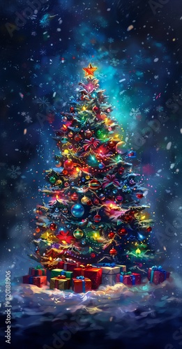tree presents snow high color compression deep pyro forbidden blurry background cartoon oil