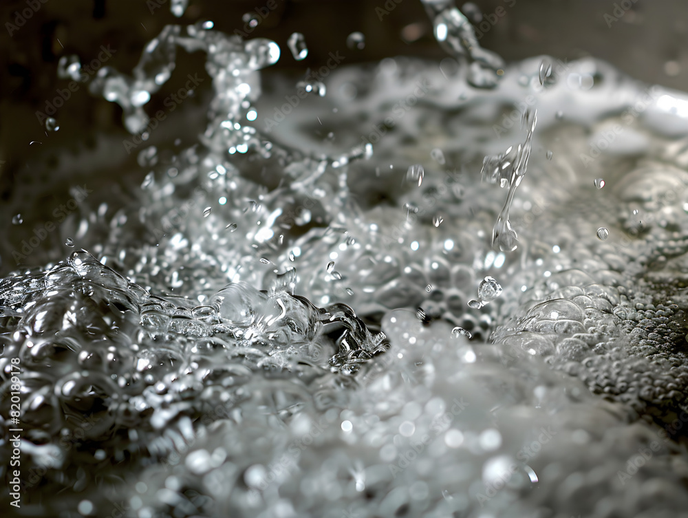 Dynamic Close-up of Splashing and Bubbling Water in Sink with High-Speed Showcasing Sparkling Light and Shadow Effects in Monochromatic Metallic Tones Creating Intricate Patterns and Textures Dynamic Close-up of Splashing and Bubbling Water in Sink with High-Speed Showcasing Sparkling Light and Shadow Effects in Monochromatic Metallic Tones Creating Intricate Patterns and Textures