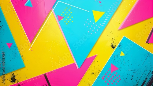 brightly colored triangles scattered bright background nostalgia video paper summer vibrance artifacts color splotches turquoise pink yellow still music photo