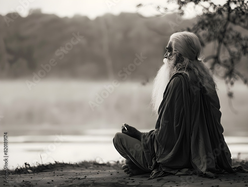 Timeless Black and White graph of Elderly Man with Long White Beard Meditating by Tranquil Water Amidst Nature in Traditional Robes - Serene Contemplation, Misty Ambiance, Light and Shadows Enhance photo
