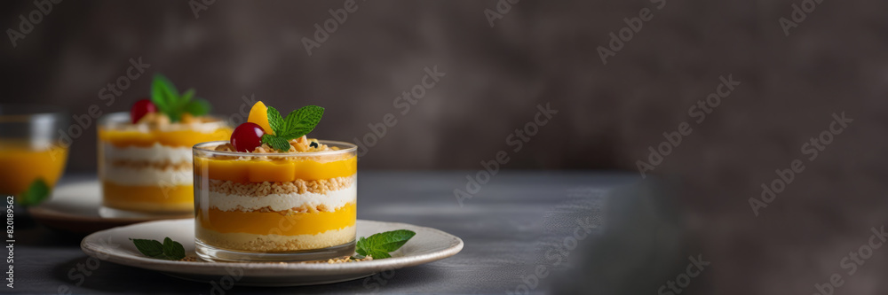 Fine dessert with mango, rice, and mint, space for your text. Fine dessert with mango, rice, and mint, space for your text.