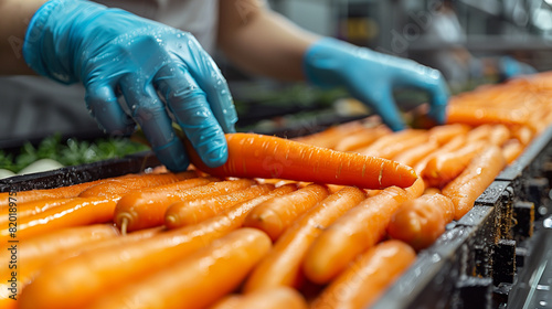 Carrot production line at a food factory, workers' hands in blue gloves carefully sort the carrots into wooden boxes for packaging. Closeup of a carrot with copy space