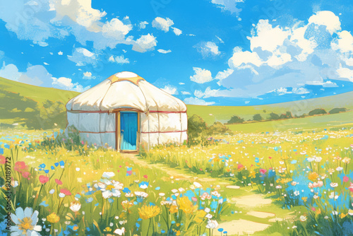 An illustration of yurt in watercolor style.