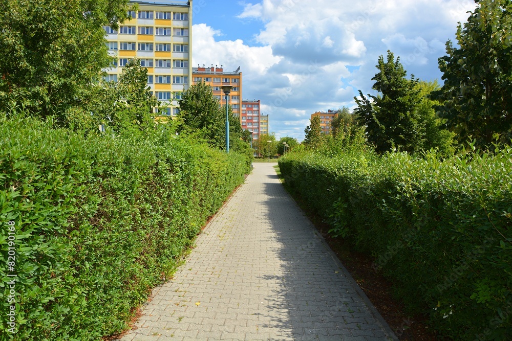 A sidewalk near hedges , residential buildings in the distance A sidewalk near hedges , residential buildings in the distance