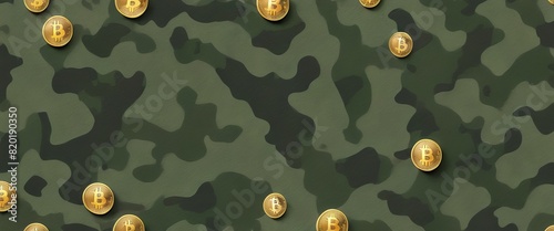 Numerous Bitcoin coins scattered over a camouflage pattern, highlighting the adaptability and strategic positioning of cryptocurrency in modern warfare finance.