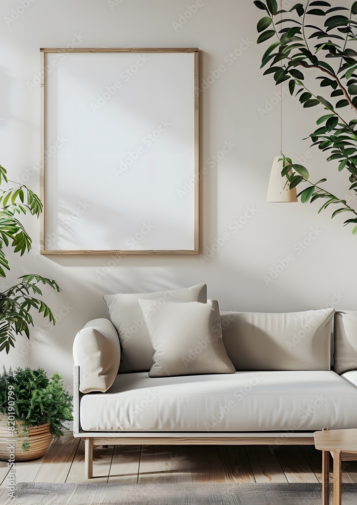 A blank picture frame mock-up in a modern furnished room A blank picture frame mock-up in a modern furnished room