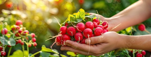 radishes in the hands of a woman in the garden. Selective focus. photo
