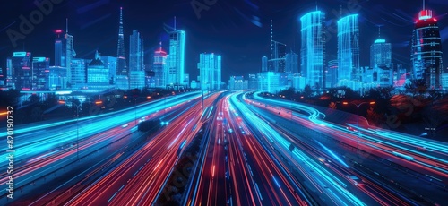 Futuristic Cityscape with Neon Lights and Highways.