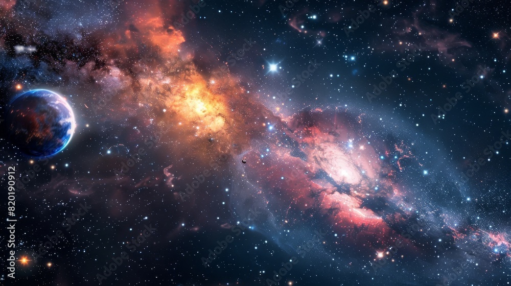 Obraz premium Stunning deep space view of a colorful nebula and distant planet, showcasing the beauty and vastness of the universe with star-filled sky.