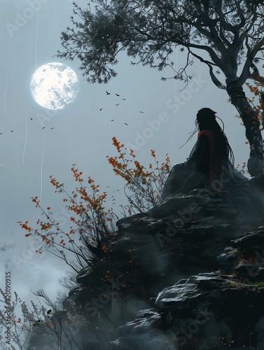 woman sitting rock under tree moon bull samurai night queen longing mystic stunningly mysterious distant rain