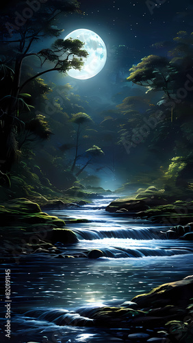 lake and forest view forest night lake moonlight beautiful Generative AI