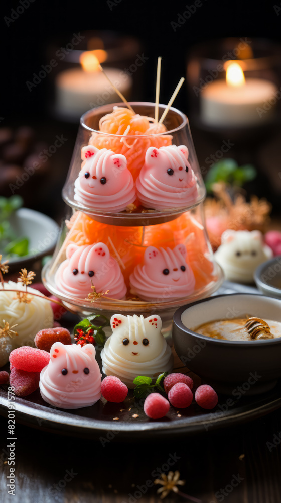 On a plate, theres a display of animalshaped desserts along with other food. It showcases creativity and sweetness, perfect for a dessert lover