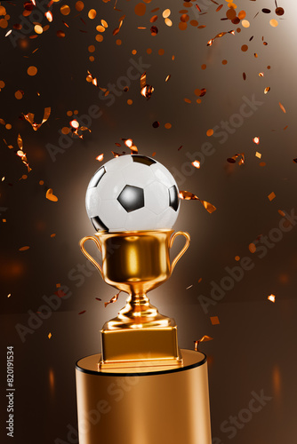 Golden trophy with a soccer ball on top surrounded by confetti.3d rendering