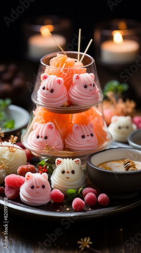 On a plate, theres a display of animalshaped desserts along with other food. It showcases creativity and sweetness, perfect for a dessert lover © MikeDrone