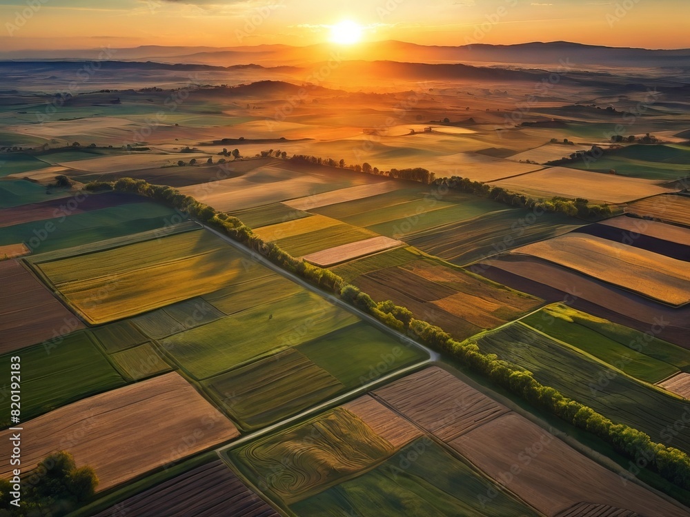 Golden hues of sunset bathe the patchwork quilt of fields below, a mesmerizing aerial view of agriculture at dusk.