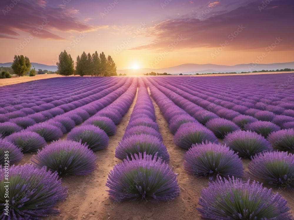 Sunset's warm glow envelops the peaceful purple lavender field. Sunset's warm glow envelops the peaceful purple lavender field.