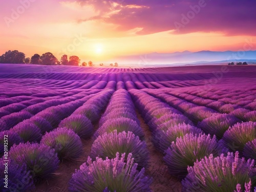 Sunset's warm glow envelops the peaceful purple lavender field.