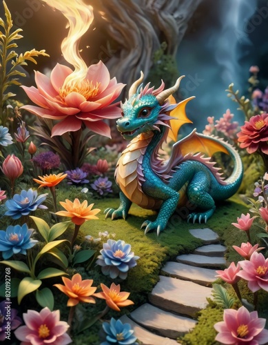 Colorful dragon perched beside a vibrant pathway lined with lush flowers and fiery lotus  in a mystical setting.