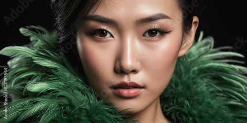 Asian Woman with Beautiful Makeup in Green Feather Attire on Black Background
