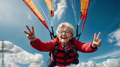 Senior white woman with gray hair is fearless and fun parasailing. Extreme sports concept. Close up