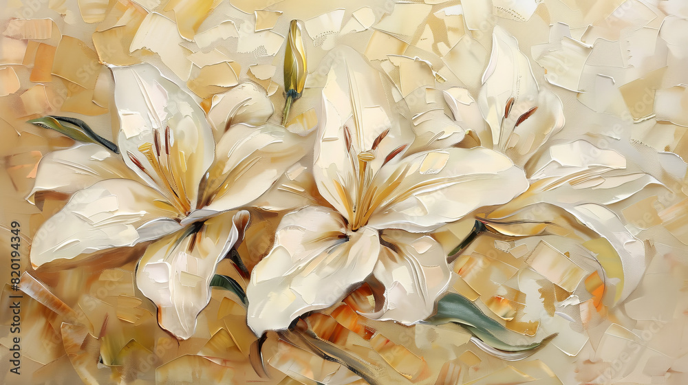 Fototapeta premium A painting of three white flowers with green stems