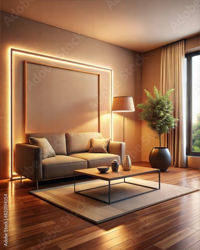 A living room with a couch, coffee table, and potted plant