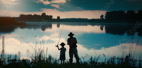 Silhouette of father and child fishing at dusk, Happy Father's Day with copy space for text, serene lake scene