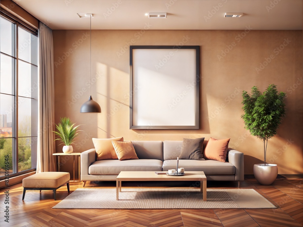 A living room with a white wall and a large picture frame A living room with a white wall and a large picture frame