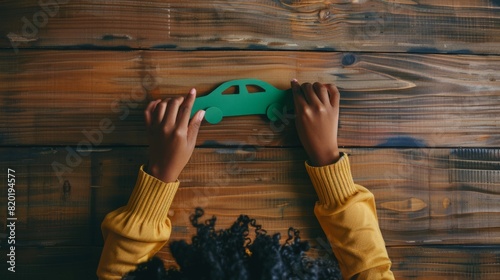Child Playing with Wooden Car photo