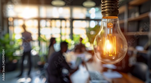 A light bulb glowing softly against a blurred background of meeting room where the business people are meeting. creating an atmosphere that evokes creativity and inspiration. generative AI