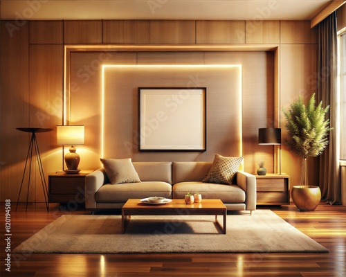 A living room with a couch, coffee table, and potted plant