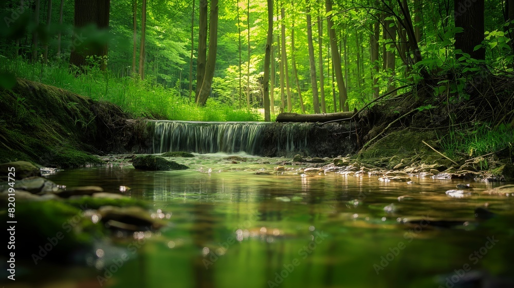 Serene Woodland Stream Flowing Through Verdant Forest During Daytime in Spring Serene Woodland Stream Flowing Through Verdant Forest During Daytime in Spring