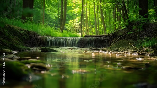Serene Woodland Stream Flowing Through Verdant Forest During Daytime in Spring