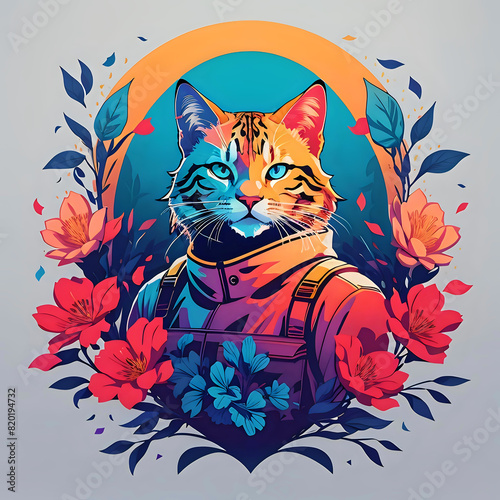 Colorful Cat Adventurer in Floral Frame. Vibrant digital art of a two-faced cat in overalls against a floral backdrop, perfect for modern decor and apparel.