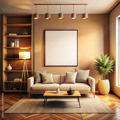 A living room with a white couch, a coffee table, and a potted plant