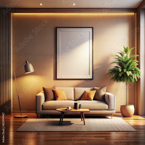 A living room with a white framed picture on the wall, a couch, a coffee table