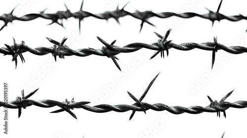 Contrasting Barbed Wire Strands Isolated. High-resolution image of multiple strands of barbed wire, showcasing sharp details against a white background, ideal for concepts of restriction and defense.