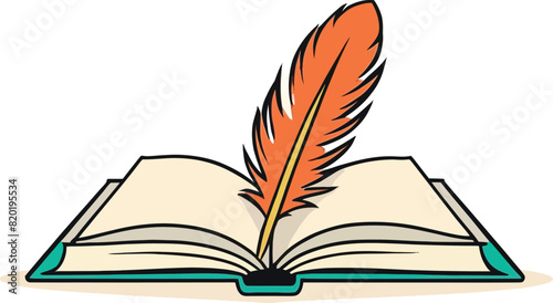 An opened book with a feather vector illustration