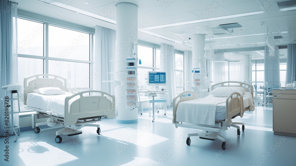 Bright Modern Hospital Room With Empty Bed and Large Windows, Bright Modern Hospital Room With Empty Bed and Large Windows,