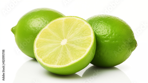 two whole green lime, and one half slice on white background