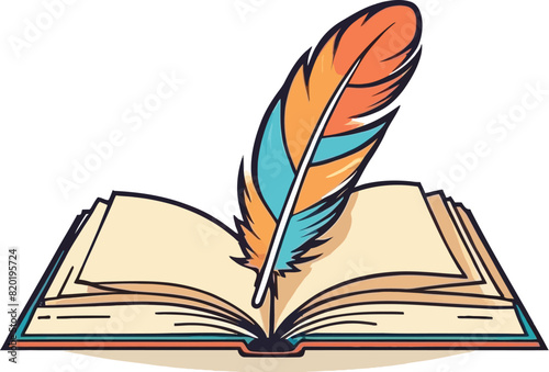 An opened book with a feather vector illustration